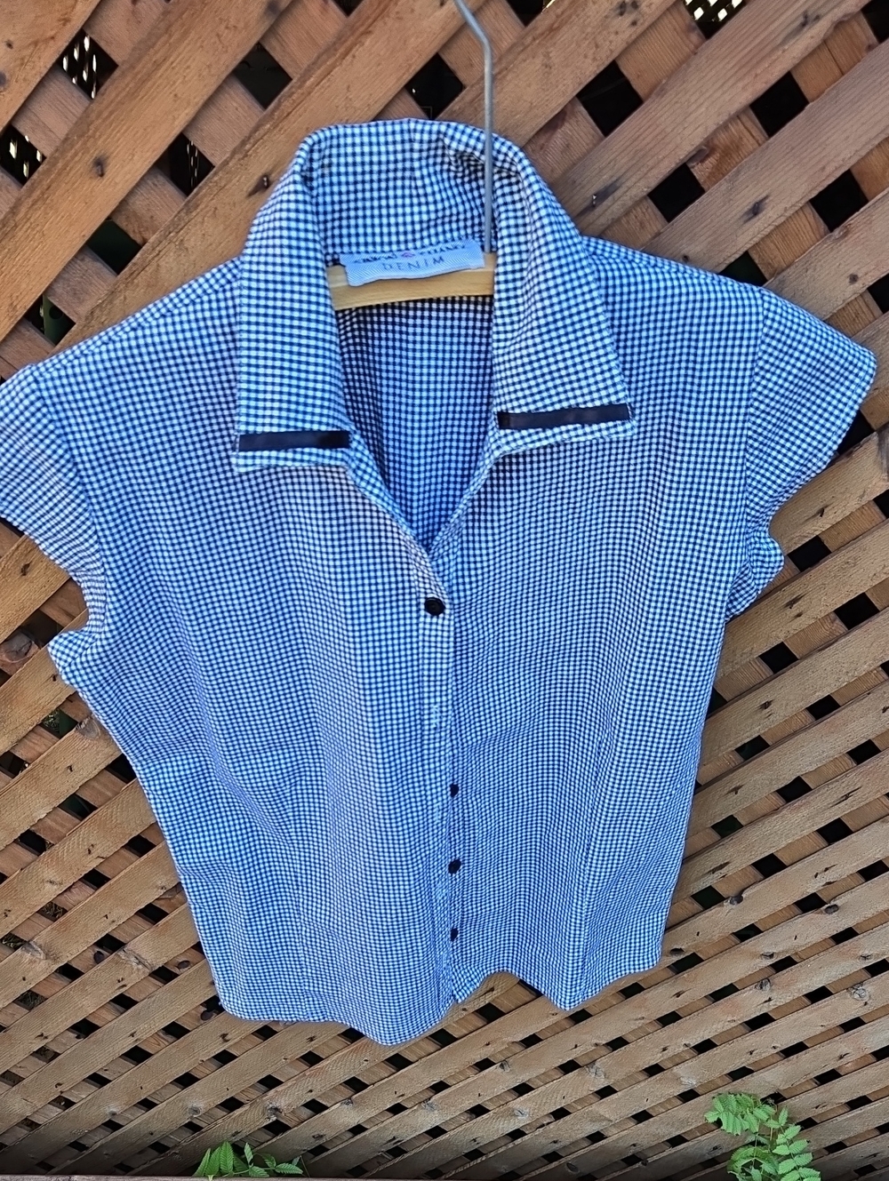 Simon Chang Blue Gingham Button-Down Top with Contrast Trim